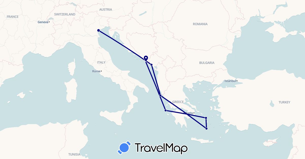 TravelMap itinerary: driving in Greece, Croatia, Italy, Montenegro (Europe)